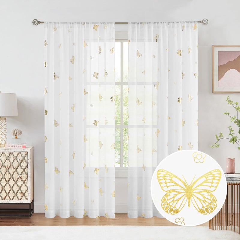 Jubilantex Butterfly White Sheer Curtain Panels for Kids Nursery Girl, Gold Print Toddler Linen Textured Voile Rustic Rod Pocket Drapes 84 Inch for Farmhouse, Living Room, Bedroom, 2 Panels - Image 1